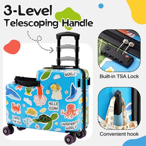 20" Ride On Luggage for Kids,Cute Pattern,Lightweight Hardshell Carry-On Luggage with Double Spinner Wheels,TSA Lock,Circular Handrail,Safety Belt,Foot Pedal,for Boys&Girls,Load Cap. 120 lbs (Blue)