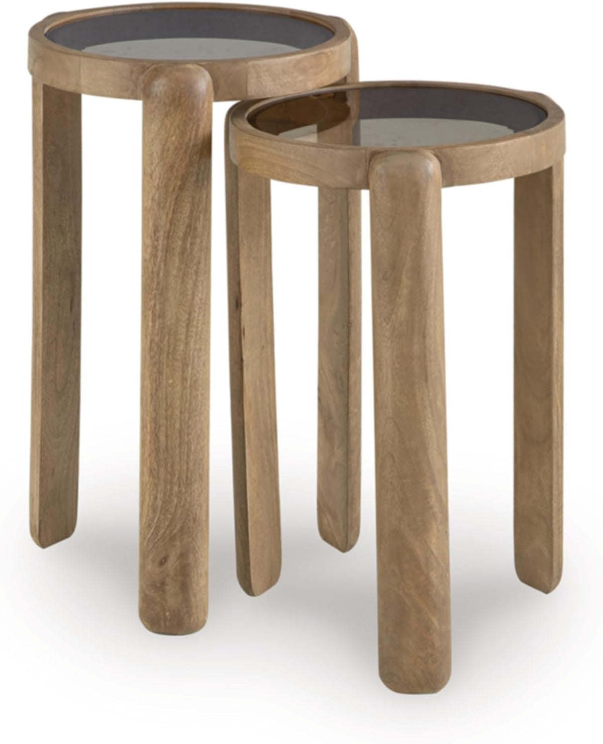 Signature Design by Ashley Round Nesting Mango Wood End Table Set of 2 | Light brown tempered glass tops with natural wood finish frames, Space saving compact nesting side tables, Jossor Series