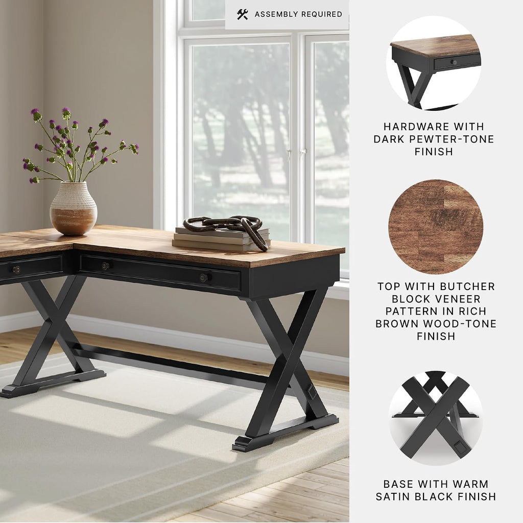 Signature Design by Ashley 2-Piece L-Shaped Corner Desk, Black/Brown | Hardwood solids, Mango wood veneer and MDF substrates, Modern farmhouse style, Dovetail drawers, Wildenauer Series