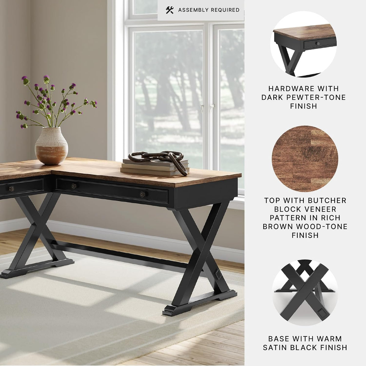 Signature Design by Ashley 2-Piece L-Shaped Corner Desk, Black/Brown | Hardwood solids, Mango wood veneer and MDF substrates, Modern farmhouse style, Dovetail drawers, Wildenauer Series