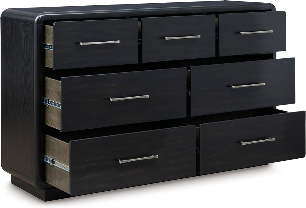 Signature Design by Ashley Rowanbeck Dresser, Black Wood 7 Drawer Chest for Bedroom, Hardwood Solids and Ash Veneer, Contemporary Storage for Master Suites, Black, 64" W