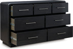Signature Design by Ashley Rowanbeck Dresser, Black Wood 7 Drawer Chest for Bedroom, Hardwood Solids and Ash Veneer, Contemporary Storage for Master Suites, Black, 64" W