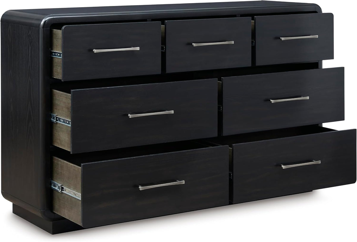 Signature Design by Ashley Rowanbeck Dresser, Black Wood 7 Drawer Chest for Bedroom, Hardwood Solids and Ash Veneer, Contemporary Storage for Master Suites, Black, 64" W