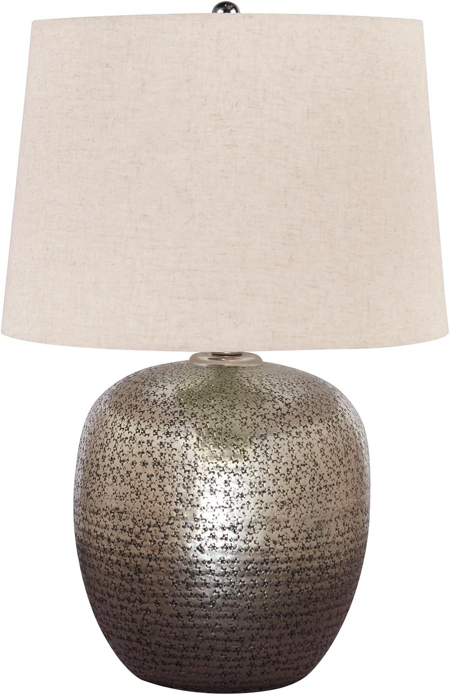 Signature Design by Ashley Magalie Metal Table Lamp, Antiqued Silver | Textured hammered aluminum base, Vintage warmth, Crisp modified drum shade, Cozy living room lighting