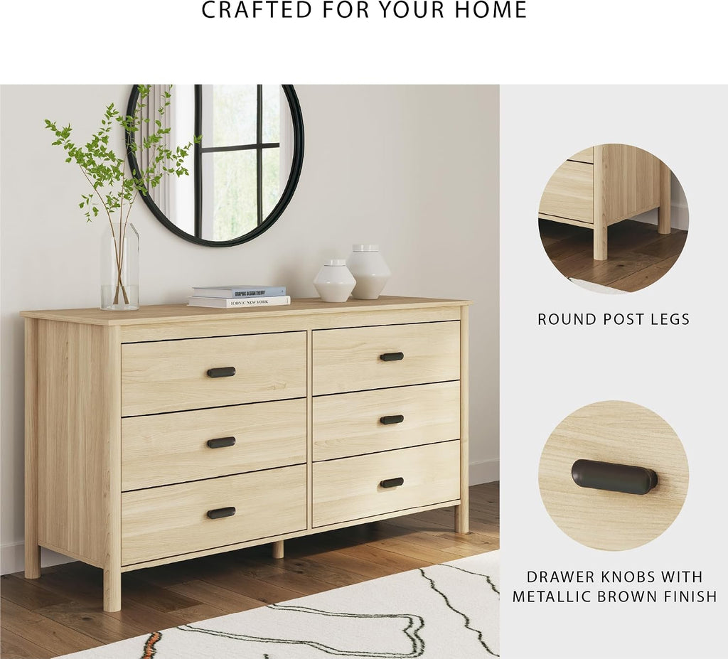 Signature Design by Ashley Cabinella 6 Drawer Bedroom Dresser, Natural Ash | 62-inch wide storage, Engineered wood (MDF/particleboard/plywood) and decorative laminate, Casual tan finish