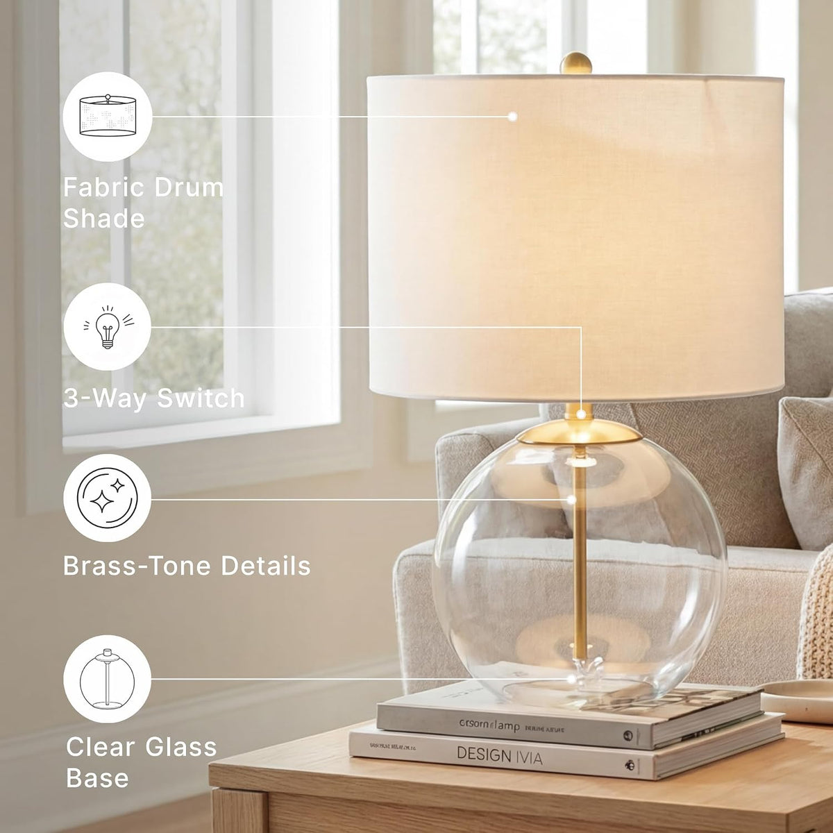 Signature Design by Ashley Glass Table Lamp, Modern Bedside, Clear & Brass | White fabric drum shade, Compact round clear glass profile for modern nightstands, Samder Series