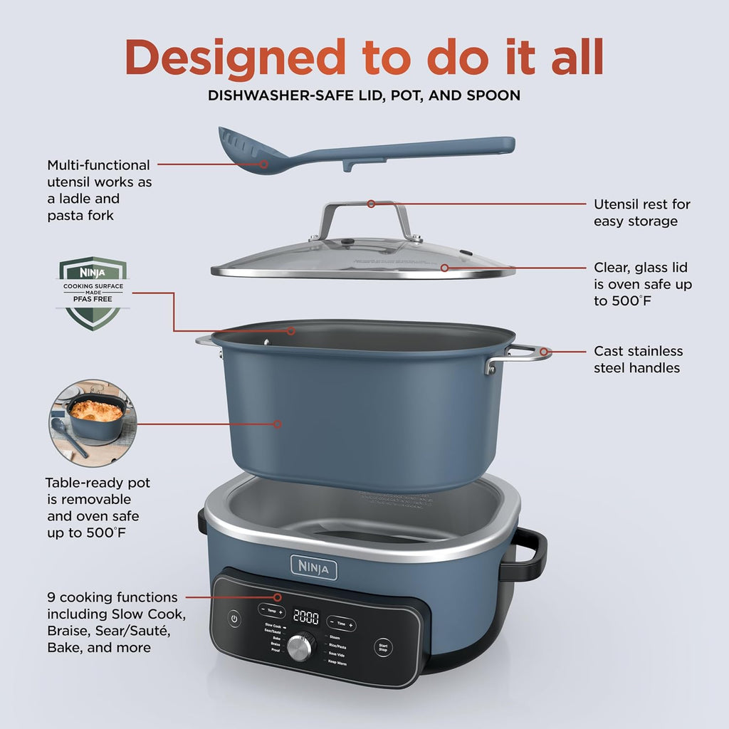 Ninja® PossibleCooker™ PRO Plus, 8.5-qt, Blue Macaron, MC2001 | 9-in-1 replaces 16 tools, 1400W, Slow Cook, Sear, Sauté, Proof, Pasta/Rice, oven-safe ceramic pot, cooker-to-oven-to-table.