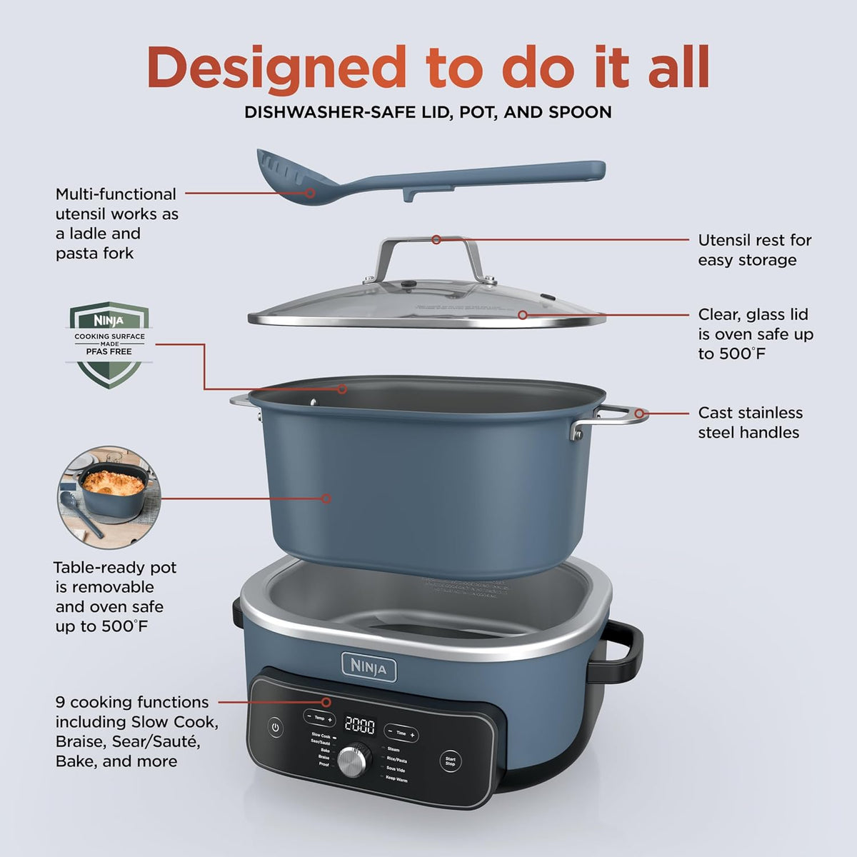 Ninja® PossibleCooker™ PRO Plus, 8.5-qt, Blue Macaron, MC2001 | 9-in-1 replaces 16 tools, 1400W, Slow Cook, Sear, Sauté, Proof, Pasta/Rice, oven-safe ceramic pot, cooker-to-oven-to-table.