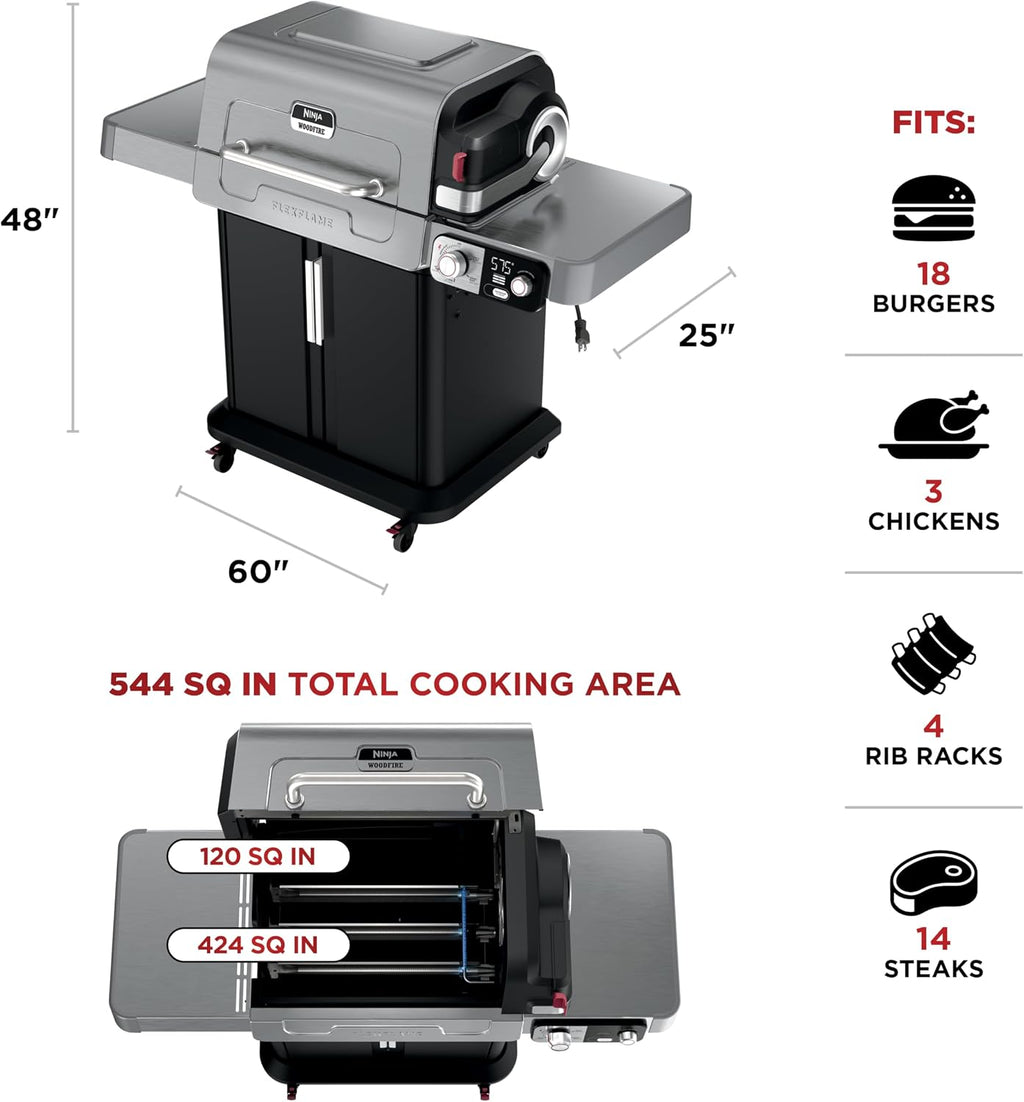 Ninja FlexFlame Grill & Smoker, Electric & Propane, 5-in-1, Steel,PG301 | Ninja FlexFlame is a 5-in-1 grill, smoker & griddle with precise 200-600°F control, fitting 3 chickens or 4 rib racks
