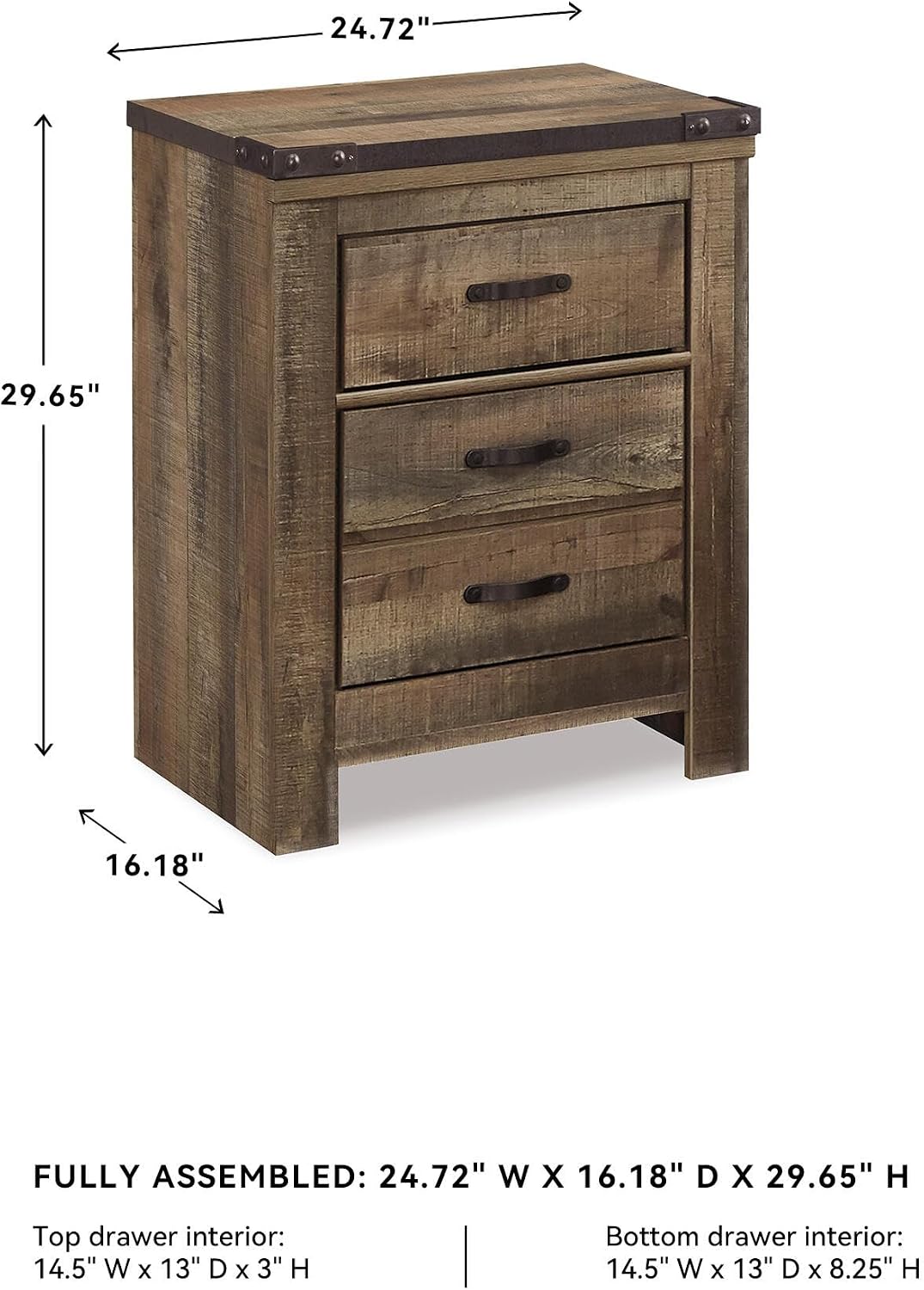Signature Design by Ashley Trinell 2 Drawer Nightstand, Brown | Engineered wood, Integrated dual USB ports, Rustic plank finish, 25W x 17D x 30H
