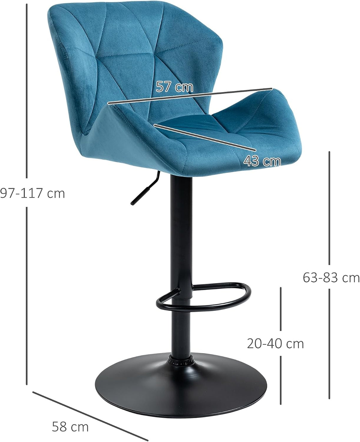 HOMCOM Bar Stools Luxurious Velvet-Touch Footrest Swivel Set Of 2 Blue