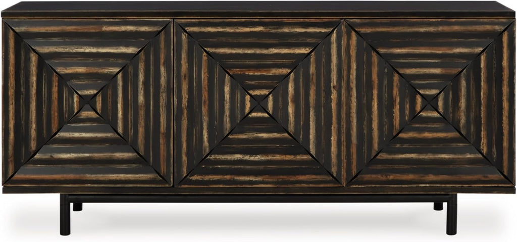 Signature Design by Ashley 72" Black Accent Cabinet Sideboard Buffet | Geometric casual credenza with adjustable shelves, Distressed black wood, veneer and engineered wood, Fair Ridge Series