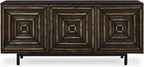 Signature Design by Ashley 72" Black Accent Cabinet Sideboard Buffet | Geometric casual credenza with adjustable shelves, Distressed black wood, veneer and engineered wood, Fair Ridge Series