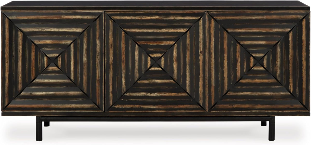 Signature Design by Ashley 72" Black Accent Cabinet Sideboard Buffet | Geometric casual credenza with adjustable shelves, Distressed black wood, veneer and engineered wood, Fair Ridge Series