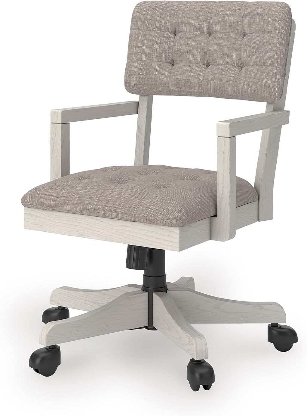 Signature Design by Ashley Robbinsdale Home Office Desk Chair, Farmhouse | Solid wood frame, 360-degree swivel, Tufted light gray fabric, Smooth casters, Adjustable height