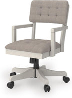 Signature Design by Ashley Robbinsdale Home Office Desk Chair, Farmhouse | Solid wood frame, 360-degree swivel, Tufted light gray fabric, Smooth casters, Adjustable height
