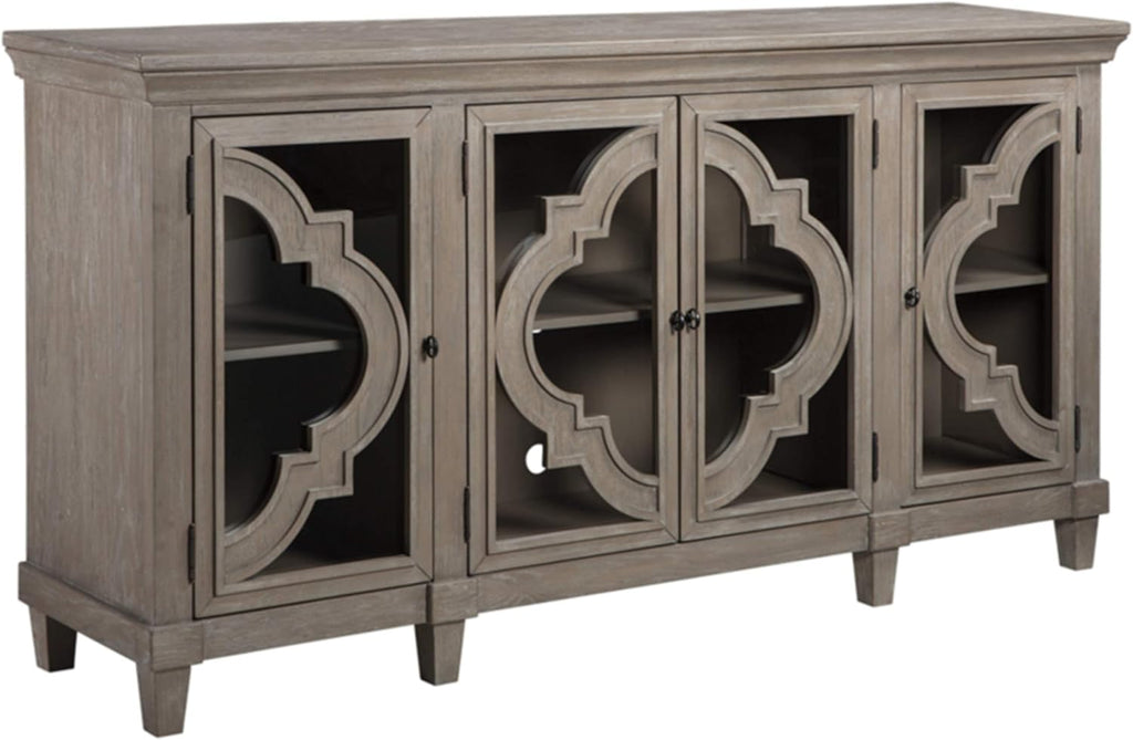 Signature Design by Ashley Fossil Ridge 4-Door Accent Cabinet, Gray | Solid and engineered wood, Tempered glass inlays, Quatrefoil fretwork pattern, 3 adjustable shelves, 76 in width