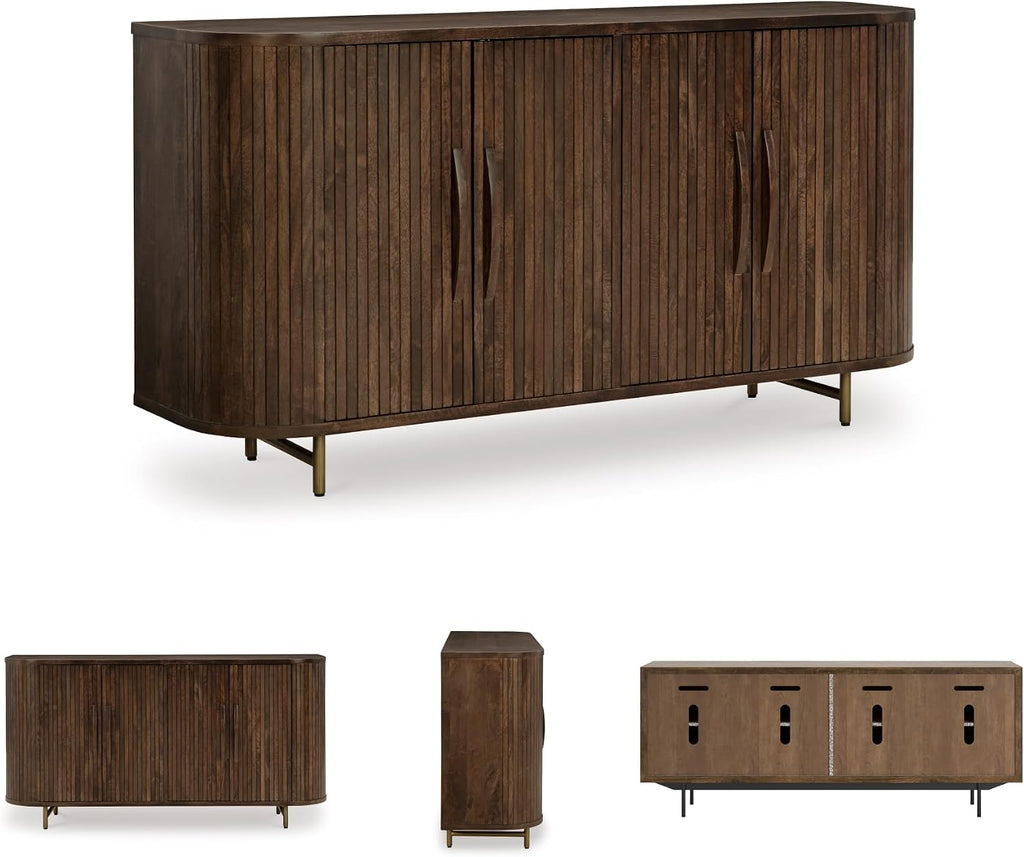 Signature Design by Ashley Mango Wood Accent Cabinet with Doors, Sideboard | Heavyweight construction in rich dark brown, Elegant vertical fluting, Curved sides, Wire management, Amickly Series
