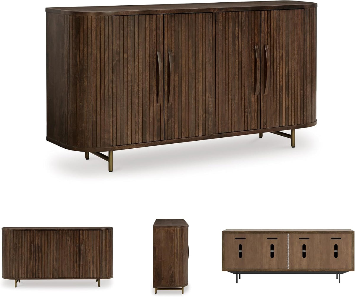 Signature Design by Ashley Mango Wood Accent Cabinet with Doors, Sideboard | Heavyweight construction in rich dark brown, Elegant vertical fluting, Curved sides, Wire management, Amickly Series