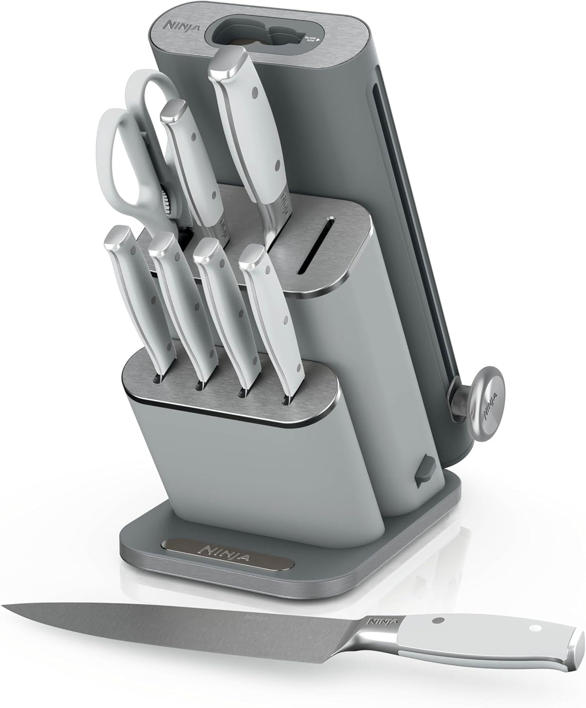 Ninja® NeverDull® 10-Pc German Steel Knife Set, Light Grey, NK32010GY1 | Stays razor-sharp 10+ years. Premium German steel. Removable sharpener stores in a drawer saving up to 35% more counter space