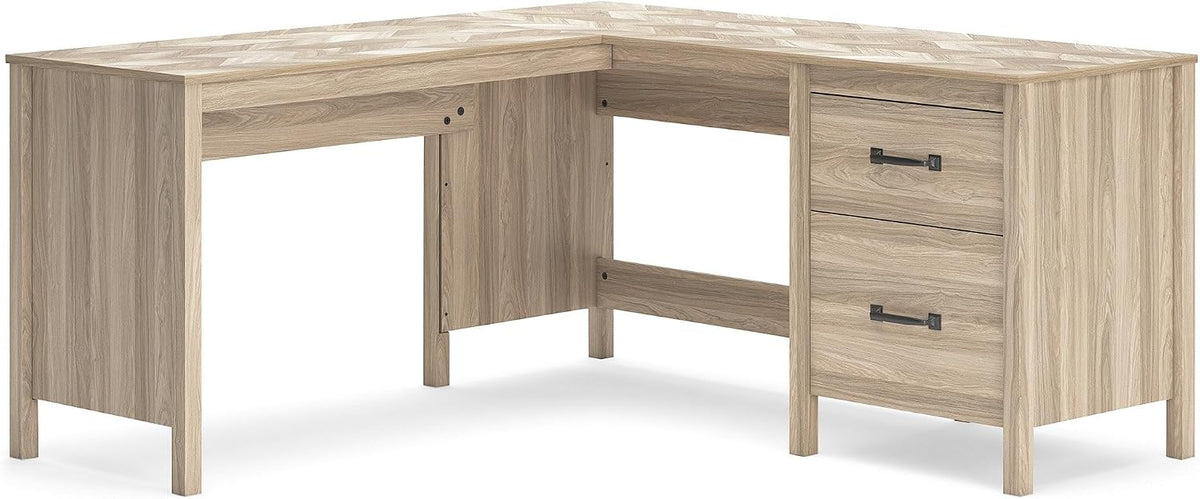 Signature Design by Ashley L-Shaped Home Office Desk with Return, 60" | Space-saving L-shaped corner workstation, Textured chevron engineered wood, Built-in cabinet, Smooth drawer, Battelle Series