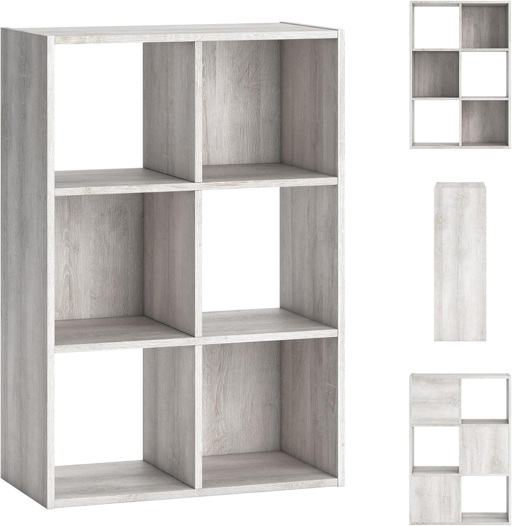Signature Design by Ashley 6 Cube Storage Organizer Bookshelf, Whitewash | Engineered wood bookcase, Textured whitewash finish, Dual-orientation design, 20-minute assembly, Bedroom use, Paxberry