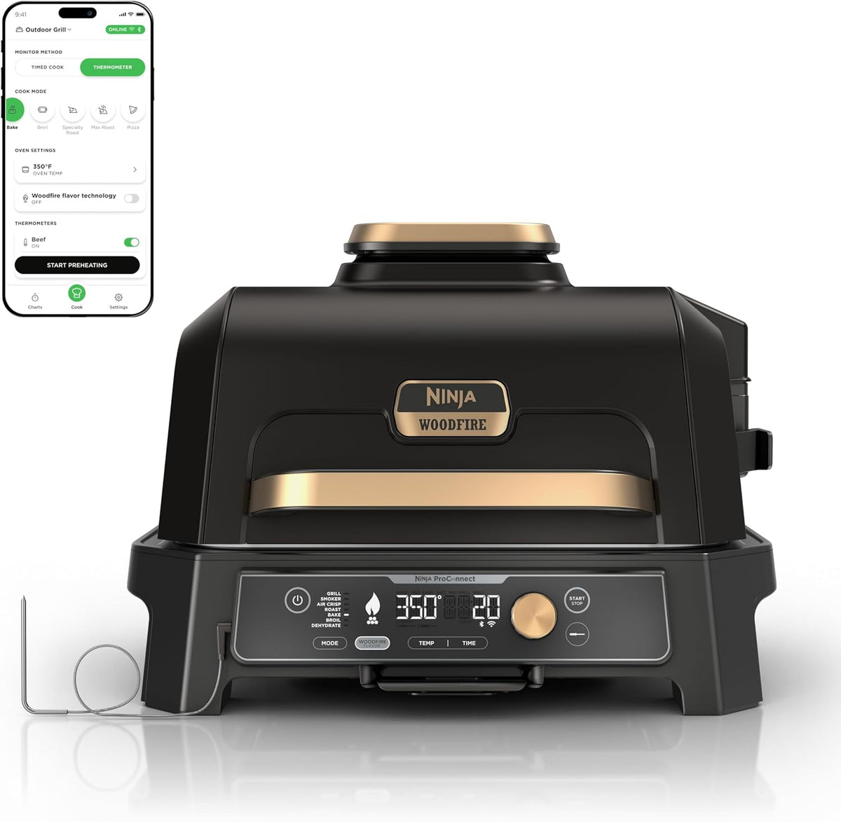 Ninja Woodfire ProConnect Premium XL Outdoor Grill & Smoker, Black & Gold | Ninja Woodfire ProConnect 7-in-1 Grill has 180 sq in of space, and an app-connected thermometer for foolproof BBQ smoking