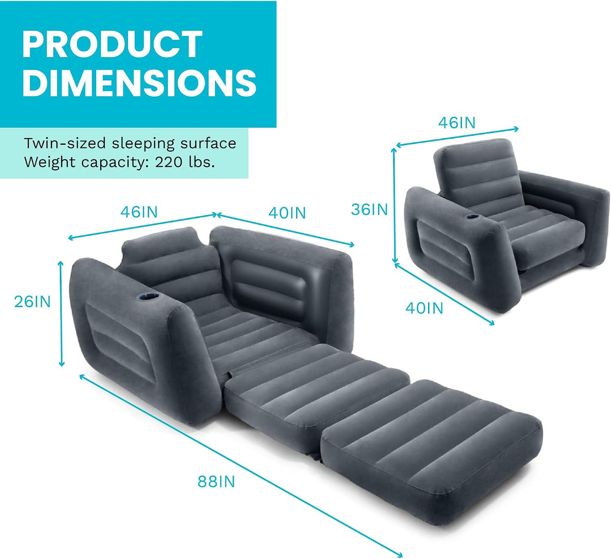Intex 66551EP Inflatable Pull-Out Chair: Built-in Cupholder – Velvety Surface – 2-in-1 Valve – Folds Compactly – 80" x 91" x 26"