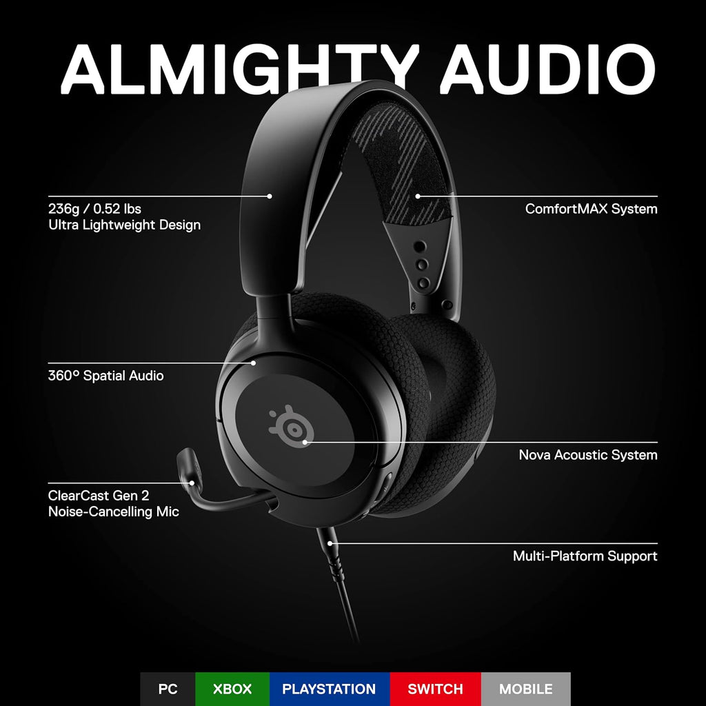 SteelSeries Arctis Nova 1 - Gaming Headset for PC, PS5, PS4, Xbox - Hi-Fi Drivers - 360° Spatial Audio - AirWeave Memory Foam Ear Cushions - Ultra Lightweight - Black
