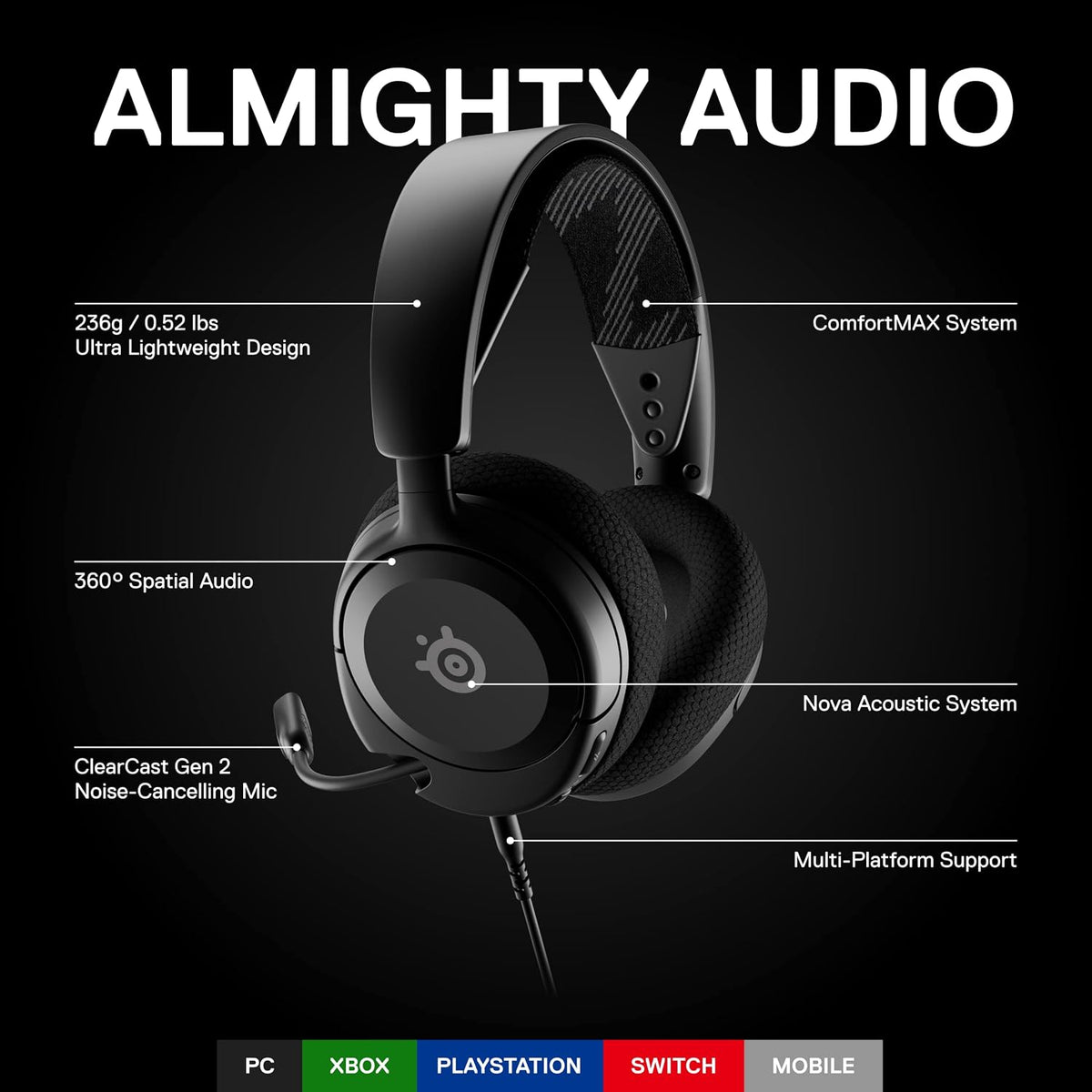 SteelSeries Arctis Nova 1 - Gaming Headset for PC, PS5, PS4, Xbox - Hi-Fi Drivers - 360° Spatial Audio - AirWeave Memory Foam Ear Cushions - Ultra Lightweight - Black