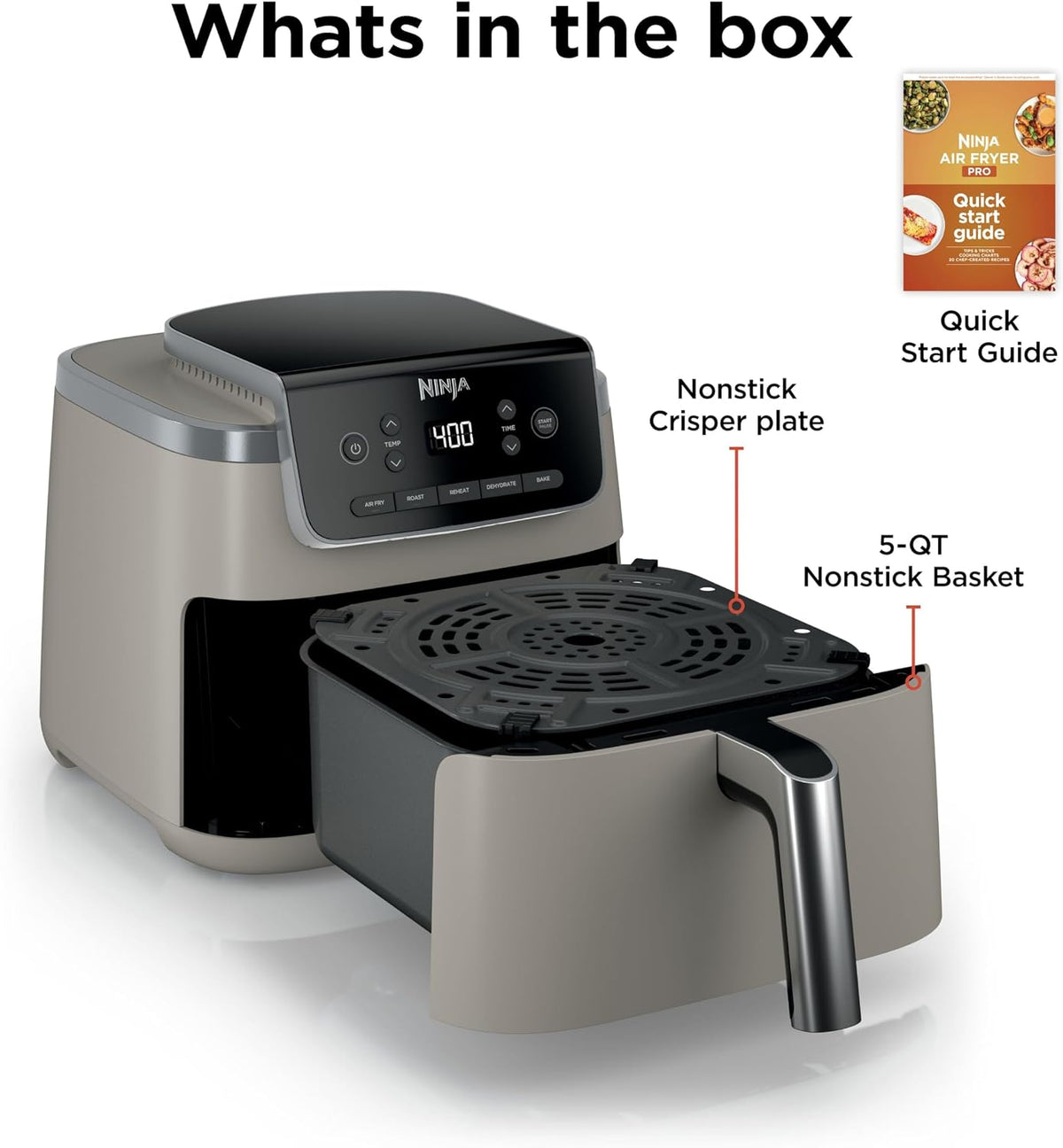 Ninja Air Fryer Pro, 5 Qt, 5-in-1, Stone, AF142SD | Air fry, bake, roast, reheat, dehydrate, 1750W, 400F max, Fits 4 lbs fries, Dishwasher-safe