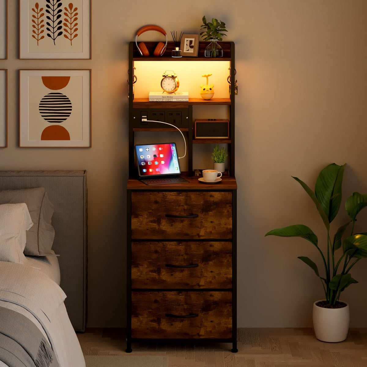 Bedside Table,Nightstand with Charging Station&App Control LED Lights