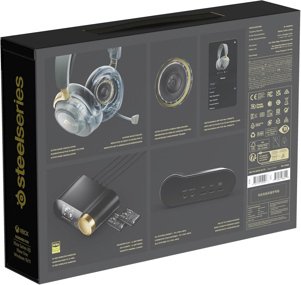 SteelSeries Arctis Nova Elite - Hi-Res Wireless Gaming Headset - 96kHz/24bit - Carbon Fiber Speakers - ANC - AI Noise Rejection - App - 2.4GHz + BT - Multi-Source Mix; OmniPlay PC+PS+Xbox - Sage&Gold