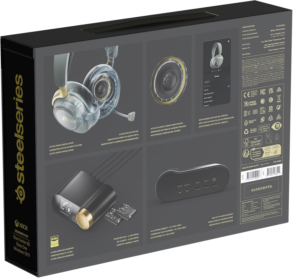 SteelSeries Arctis Nova Elite - Hi-Res Wireless Gaming Headset - 96kHz/24bit - Carbon Fiber Speakers - ANC - AI Noise Rejection - App - 2.4GHz + BT - Multi-Source Mix; OmniPlay PC+PS+Xbox - Sage&Gold