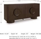 Signature Design by Ashley Accent Cabinet, 72" Dark Brown Credenza, Veeda | Premium oak veneer construction, 72-inch TV stand, Media console with cord management, Contemporary 4-door sideboard