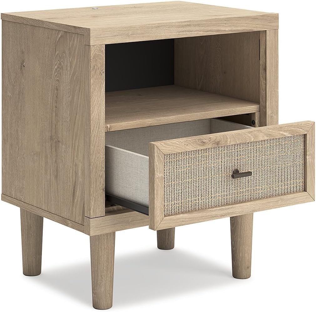 Signature Design by Ashley Cielden Light Brown 1-Drawer USB Nightstand | Two-tone replicated oak and faux cane print, Built-in wireless charging and LED base, Contemporary style for bedrooms