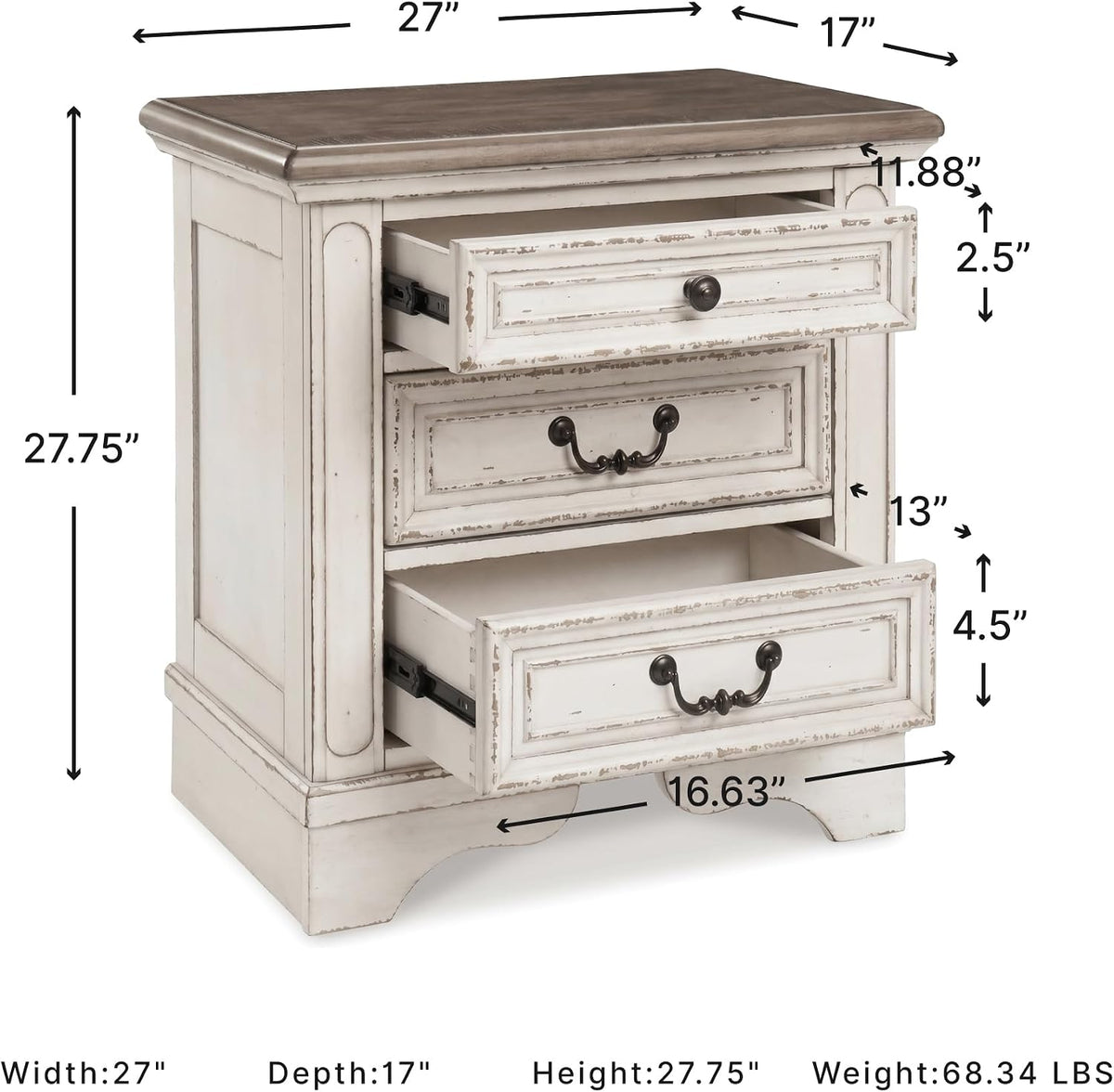 Signature Design by Ashley 3 Drawer Nightstand with Charging Station | Charming vintage two-tone finish, Built-in power strip with 108 in cord, Elegant cast resin corbels, Realyn Series