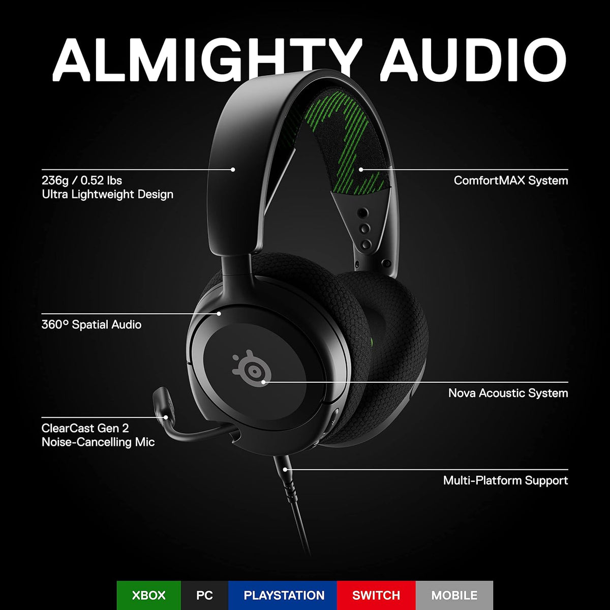 SteelSeries Arctis Nova 1X Xbox Series X/S Gaming Headset - Hi-Fi Drivers - 360° Spatial Audio - AirWeave Memory Foam Ear Cushions - Lightweight - Also compatible with PC, PS5, PS4 - Black