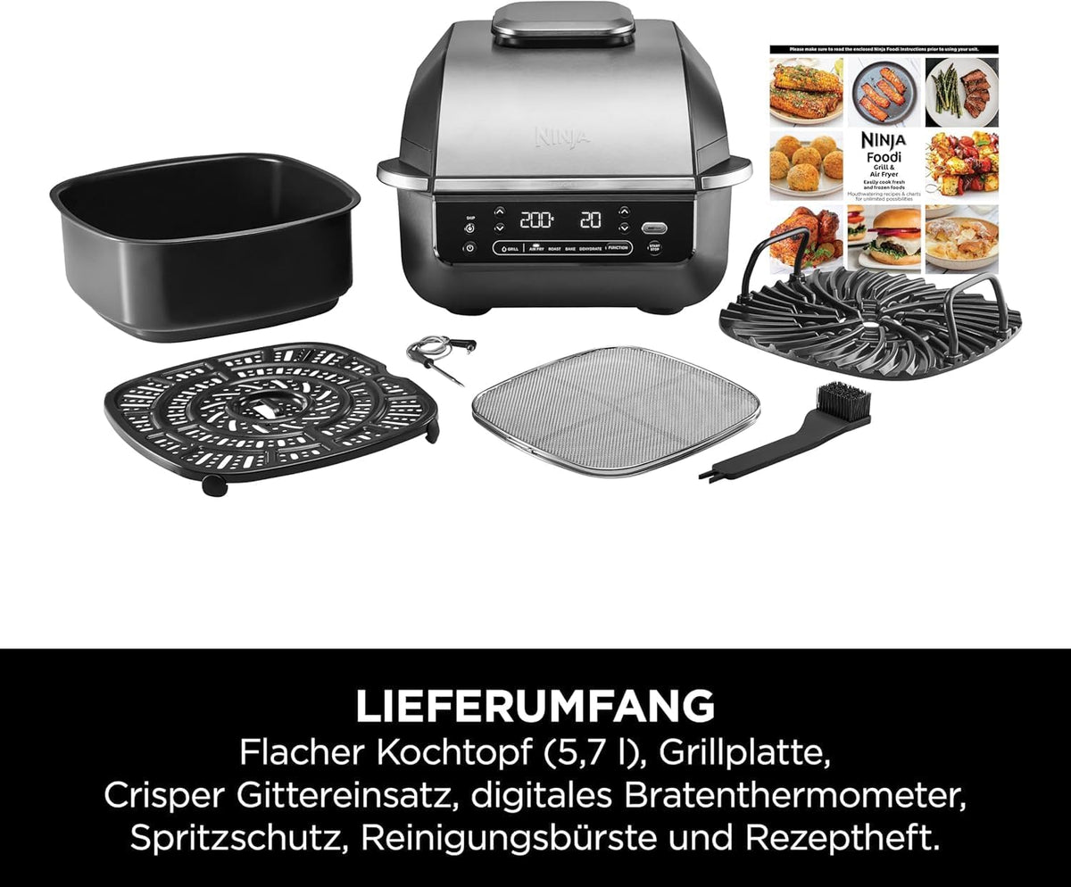 Ninja 5-in-1 Indoor Grill and Oil Free Deep Fryer, 5 Modes EG351EU | Cooks up to 4 burgers, 5.7L capacity, low smoke emission, digital meat thermometer included