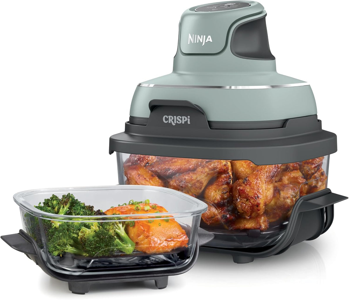 Ninja Crispi Glass Air Fryer, 4-in-1, Green, FN101SG | Max crisp, bake, air fry, recrisp, 450F max, 4 Qt and 6 Cup containers, PFAS-free glass