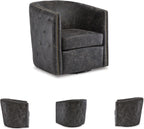 Signature Design by Ashley Swivel Black Faux Leather Accent Chair | Elegant tufted faux leather with brass nailheads, Hidden metal swivel base for effortless conversation, Brentlow Series