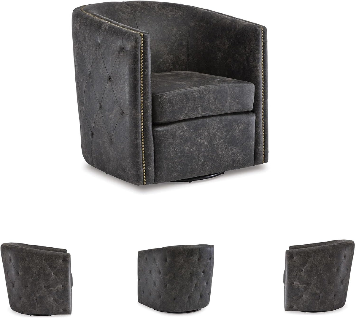 Signature Design by Ashley Swivel Black Faux Leather Accent Chair | Elegant tufted faux leather with brass nailheads, Hidden metal swivel base for effortless conversation, Brentlow Series