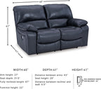 Signature Design by Ashley Leesworth Power Reclining Loveseat, Ocean Blue | Space-saving zero wall design, Top grain leather touchpoints, Built-in zero-draw USB ports, 32 in minimum doorway width