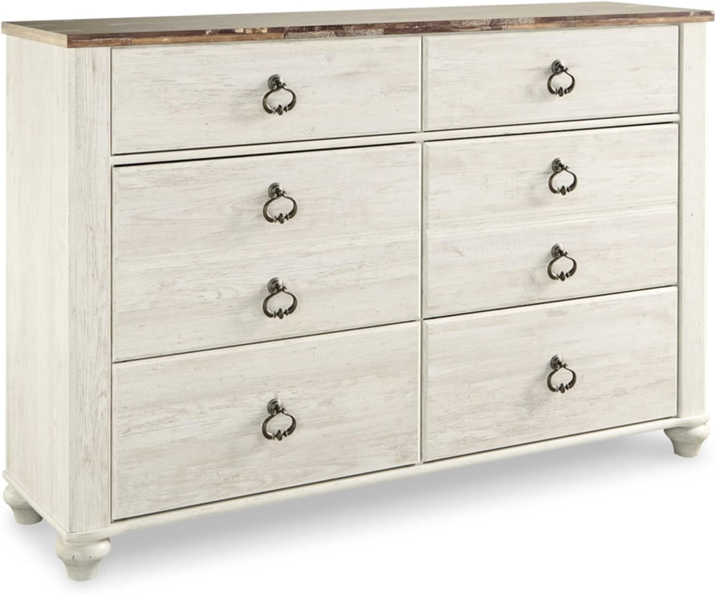 Signature Design by Ashley Willowton 6-Drawer Coastal Dresser, Whitewash | 6 drawer capacity, Coastal farmhouse style, Textured whitewash finish, Driftwood plank effect top, ASTM F 2057 compliant