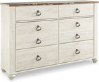 Signature Design by Ashley Willowton 6-Drawer Coastal Dresser, Whitewash | 6 drawer capacity, Coastal farmhouse style, Textured whitewash finish, Driftwood plank effect top, ASTM F 2057 compliant