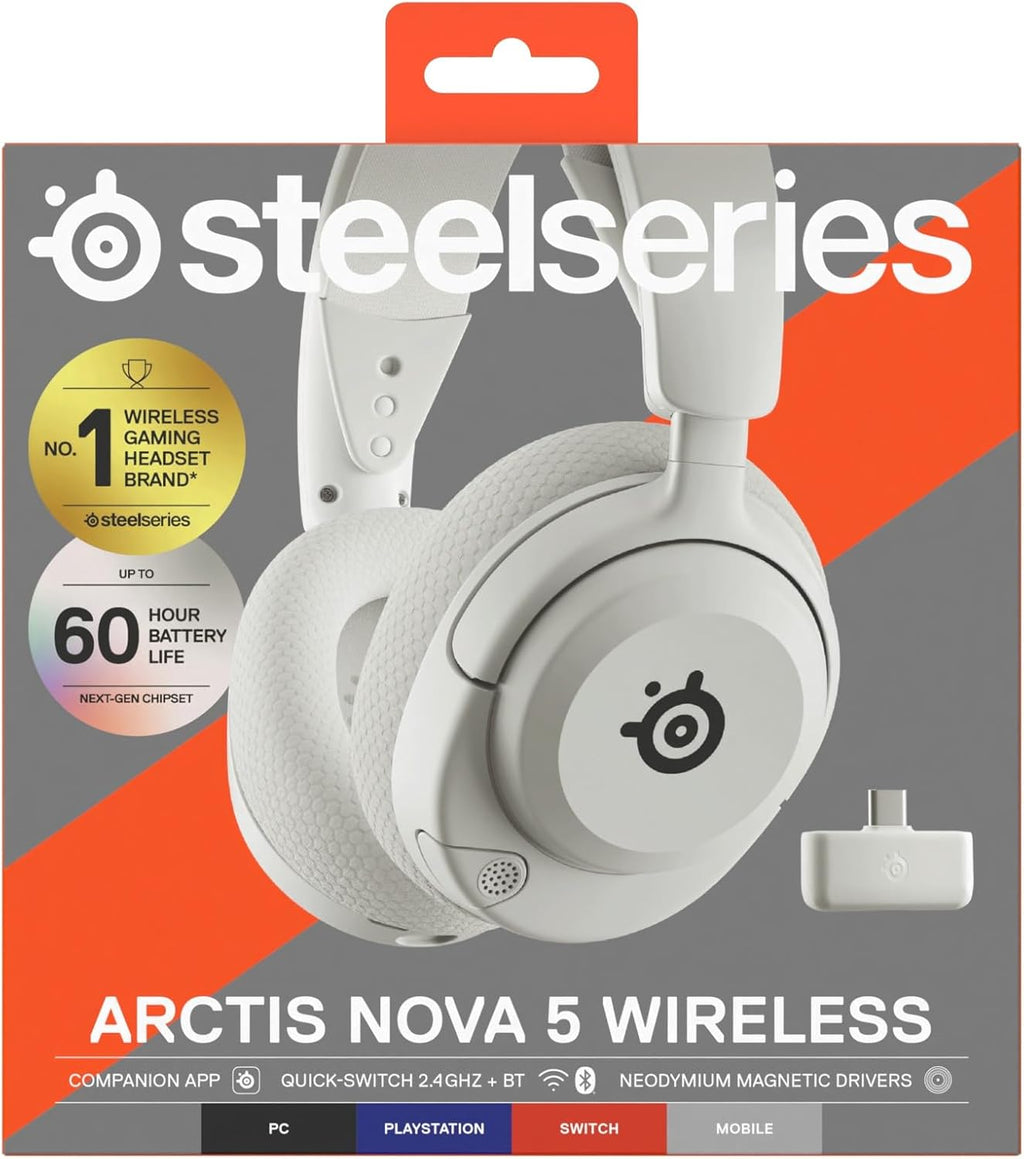 SteelSeries Arctis Nova 5 Wireless - Wireless Gaming Headset for PC - Compatible with PC, PS5, Switch & more - Mobile App Control - 60 HR Battery with Fast Charge - 2.4GHz/Bluetooth - White