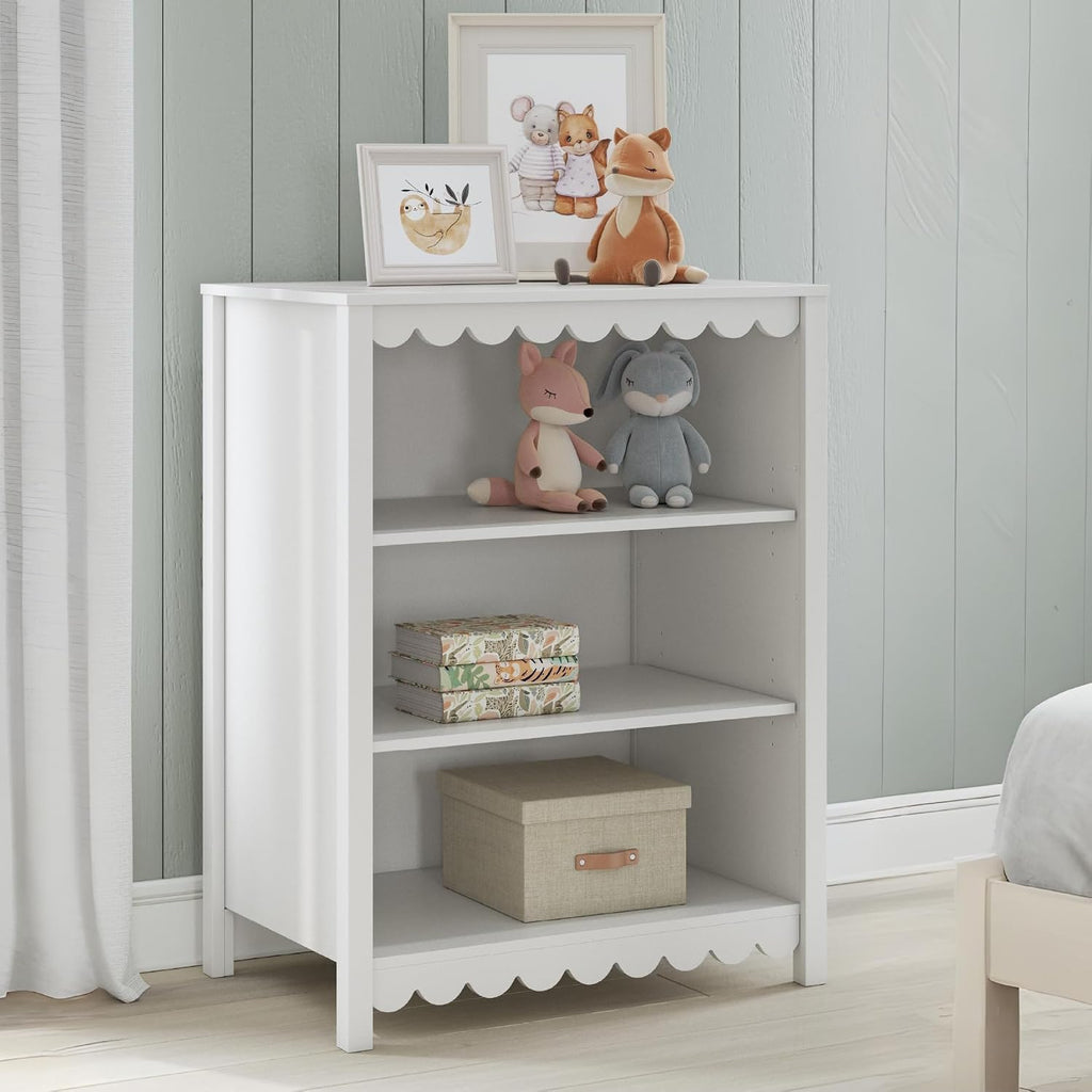 Signature Design by Ashley 3-Tier Scalloped Bookshelf, Matte White Bookcase | Deep 20-inch profile for oversized bins, Durable engineered wood frame with 2 adjustable shelves, Hallityn Series