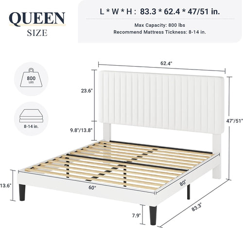 Allewie Queen Bed Frame, Velvet Upholstered Platform Bed with Adjustable Vertical Channel Tufted Headboard, Mattress Foundation with Strong Wooden Slats, Box Spring Optional, Easy Assembly, Off-White