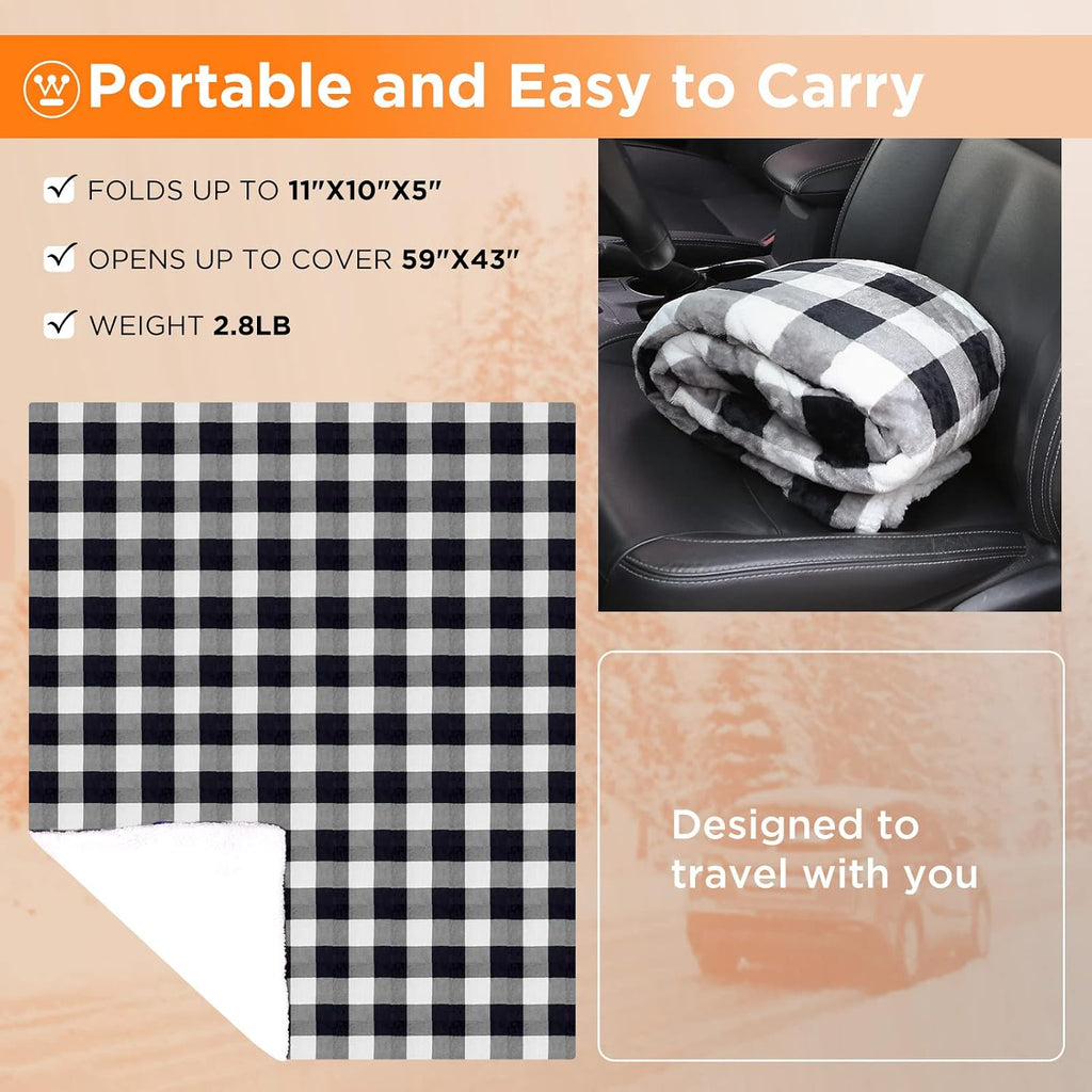 Westinghouse Heated Car Blanket, Grey Buffalo Plaid, 59" x 43”