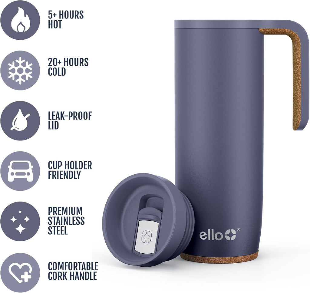 Ello Magnet 18oz Insulated Stainless Steel Travel Mug with Handle, Shadow